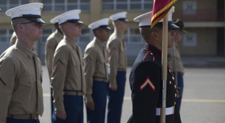 Marines with Hotel Company, 2nd Recruit Training Battalion, march as a company for the last time during their graduation at Marine Corps Recruit Depot San Diego, on Feb. 9.